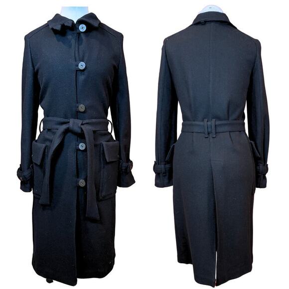 Burberry Black Trench Coat Wool Belted Single Breasted Long Jacket US10 UK12 - Picture 1 of 13